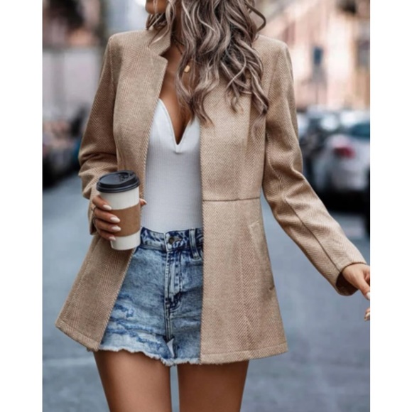 Classic Tan Herringbone Blazer Jacket Coat - Picture 4 of 4